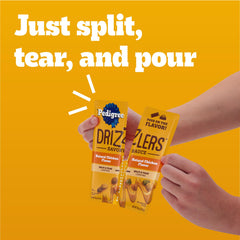 Pedigree Drizzlers Savory Sauce pouch shown being opened for serving.