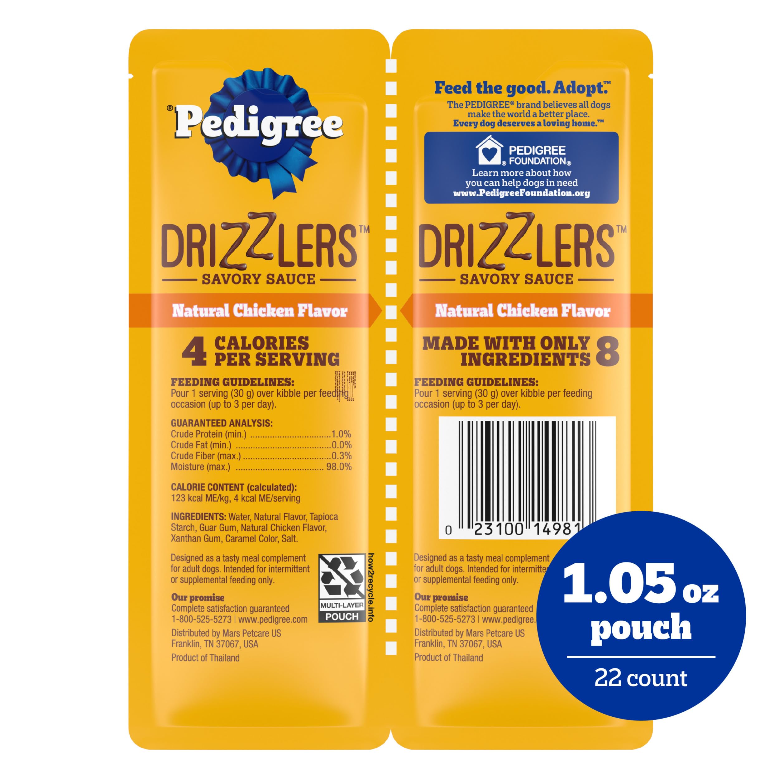 Pedigree Drizzlers Savory Sauce pouch shown in a close-up view.