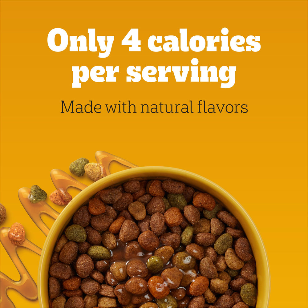 Pedigree Drizzlers Savory Sauce being poured over dry dog kibble.