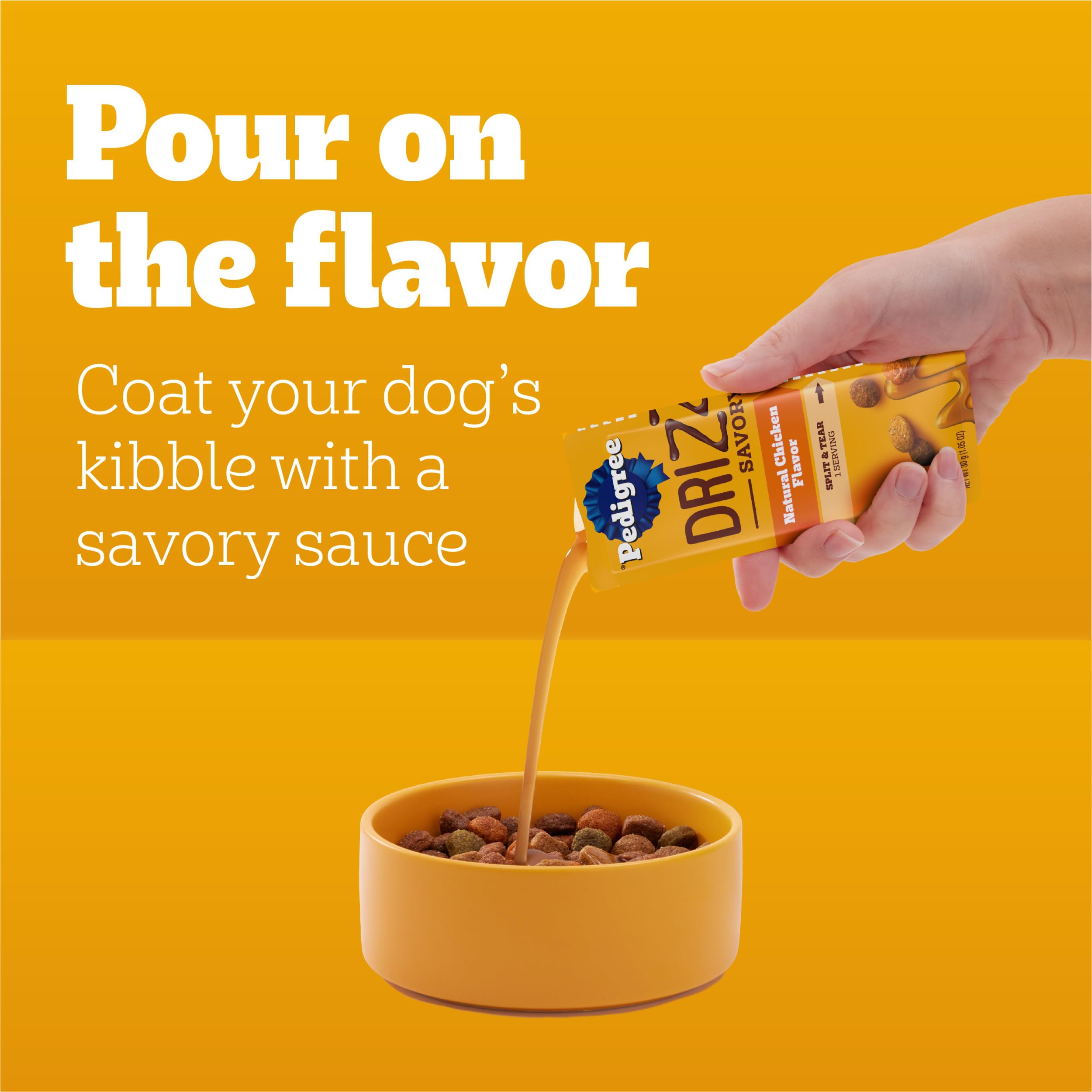 Pedigree Drizzlers Savory Sauce pouch highlighting its split-serving design.