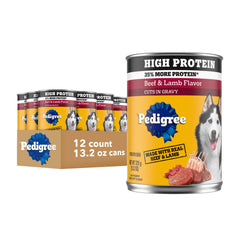 Pedigree wet dog food can shown from the front.