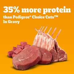 Pedigree wet dog food with gravy shown in close-up.