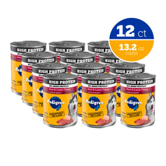 Pedigree wet dog food twelve-count pack shown from the front.