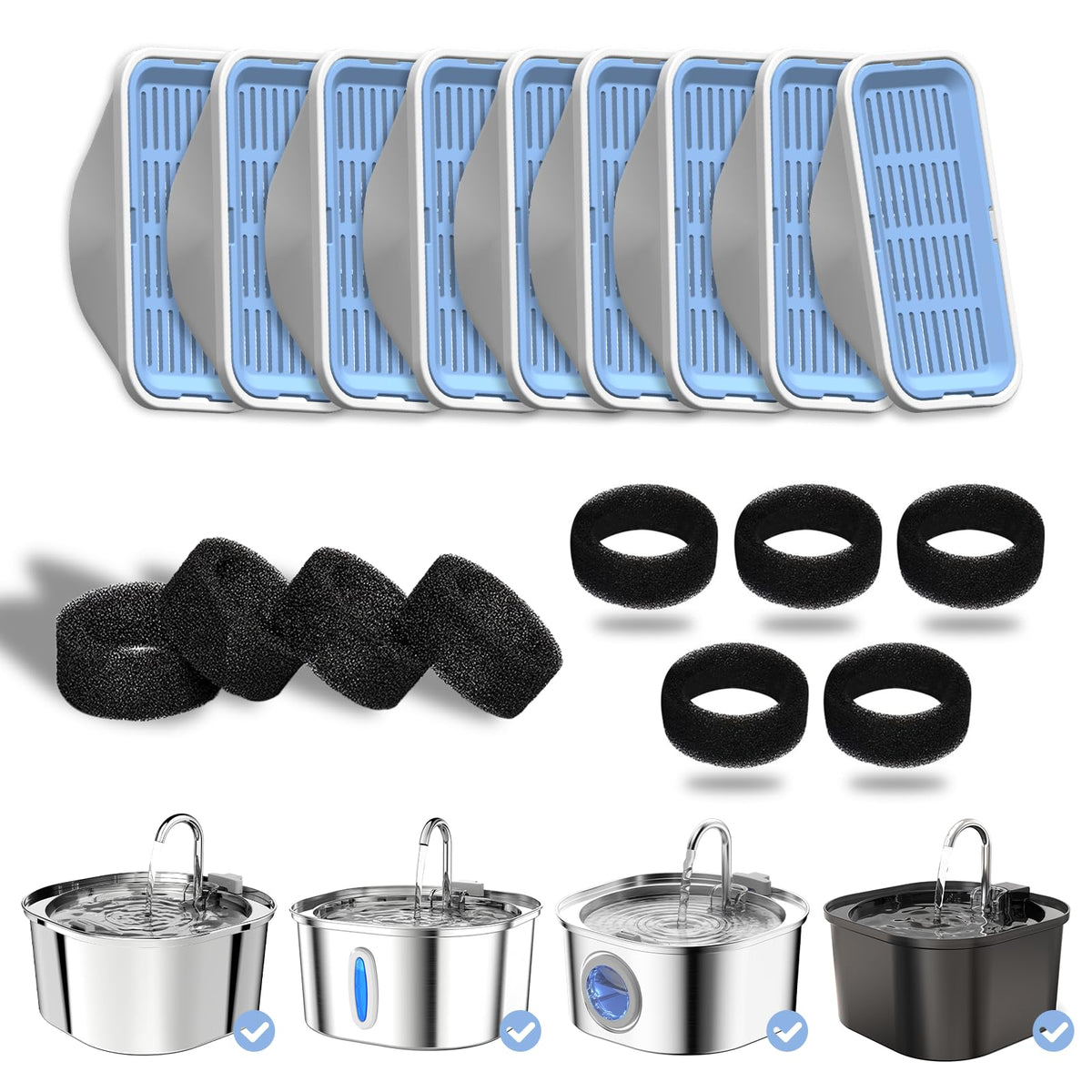 PEKTACO cat water fountain replacement filter and pre-filter sponge set shown together.