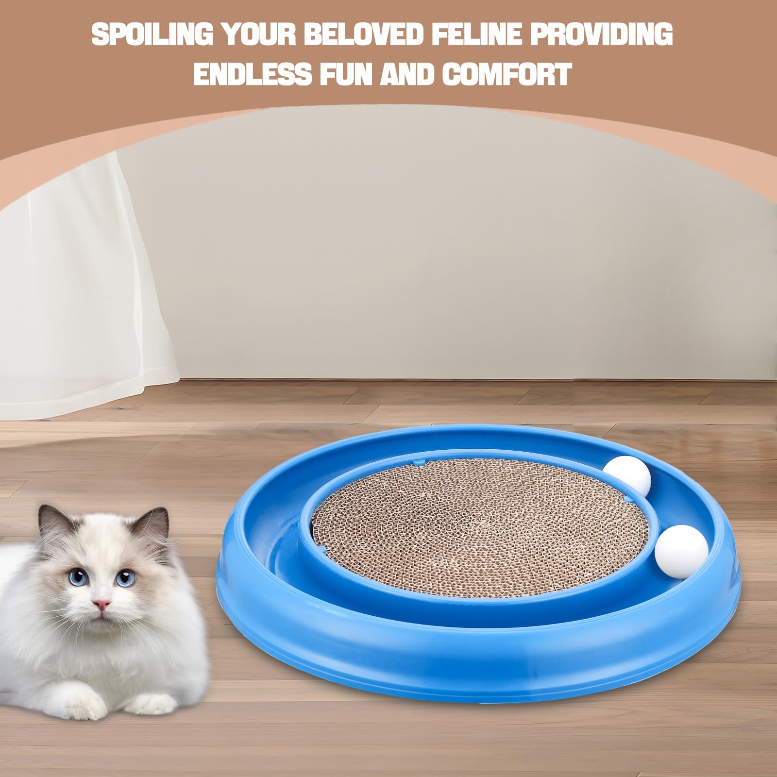 Peomliee cat scratching board with the included catnip shown alongside it.