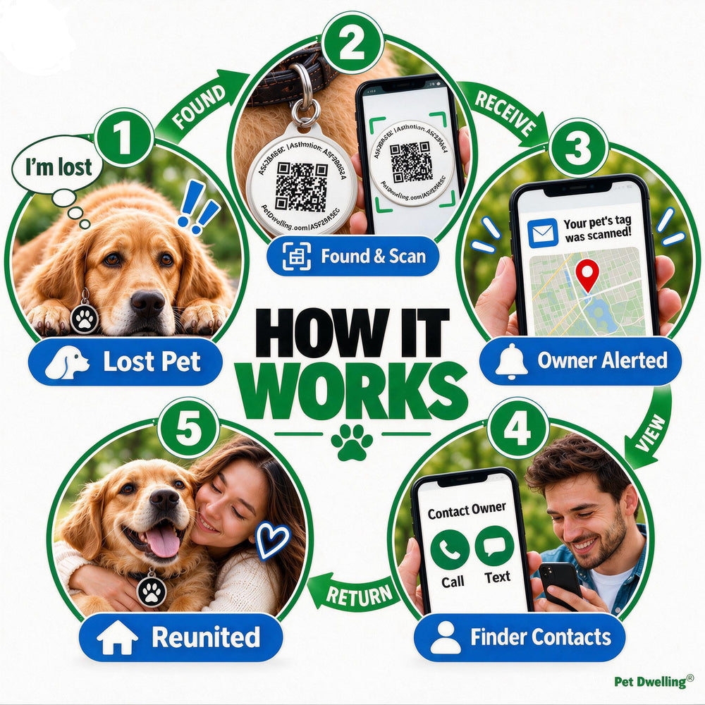 Pet Dwelling QR pet ID tag with a close view of its scannable code.