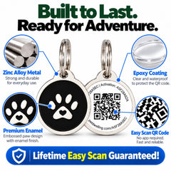 Pet Dwelling QR pet ID tag with its epoxy-coated code in focus.