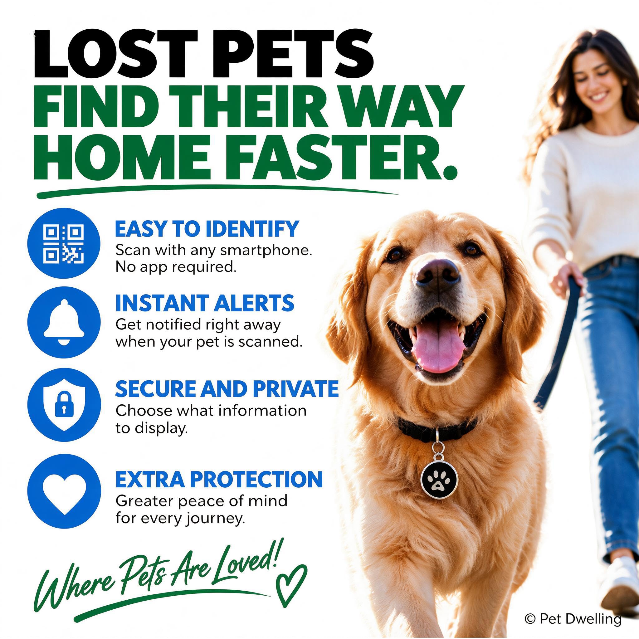 Pet Dwelling QR pet ID tag linked to a digital profile with pet details.