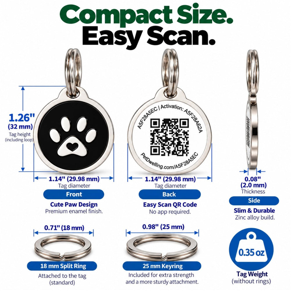 Pet Dwelling QR pet ID tag showing its zinc alloy construction.