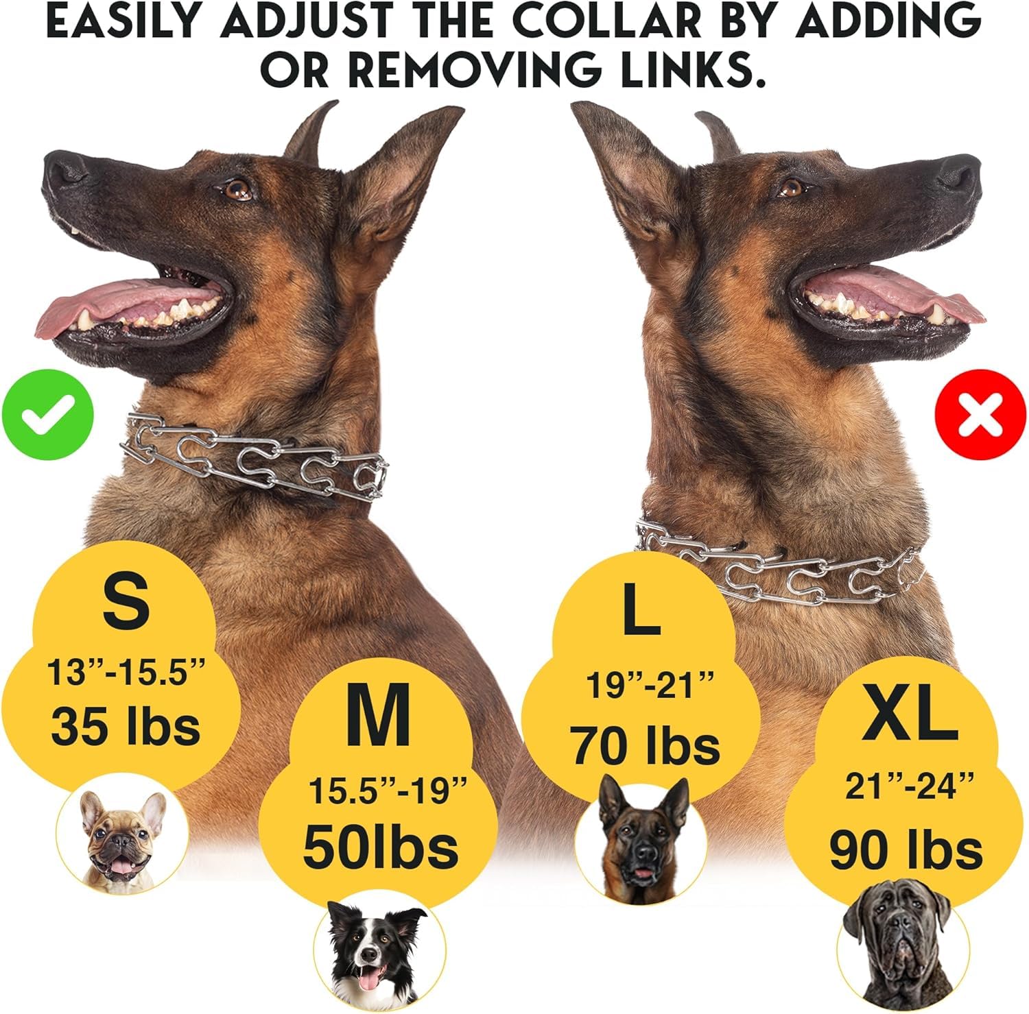 PET JETT prong collar shown with its adjustment links and rubber caps.