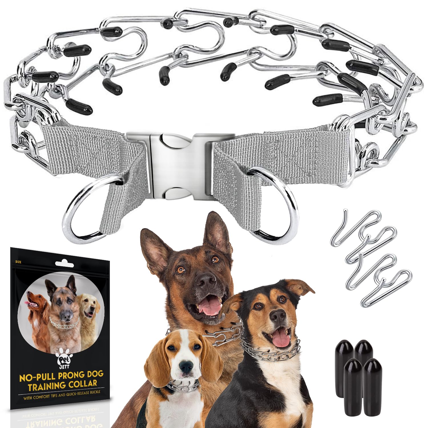 PET JETT prong collar shown from the front with its metal links and collar shape.