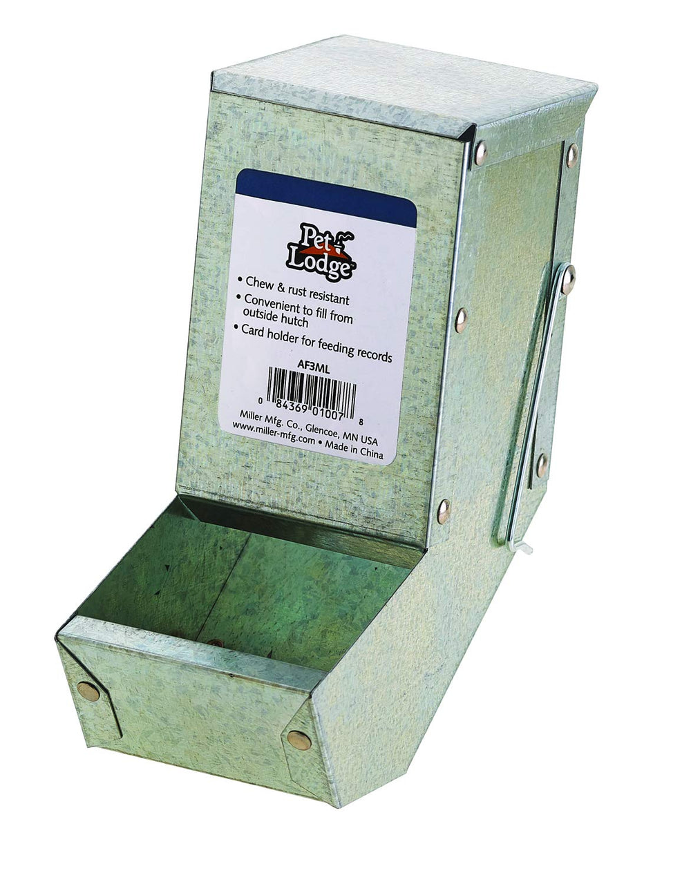 Pet Lodge steel small animal feeder shown from the front with its hinged lid.