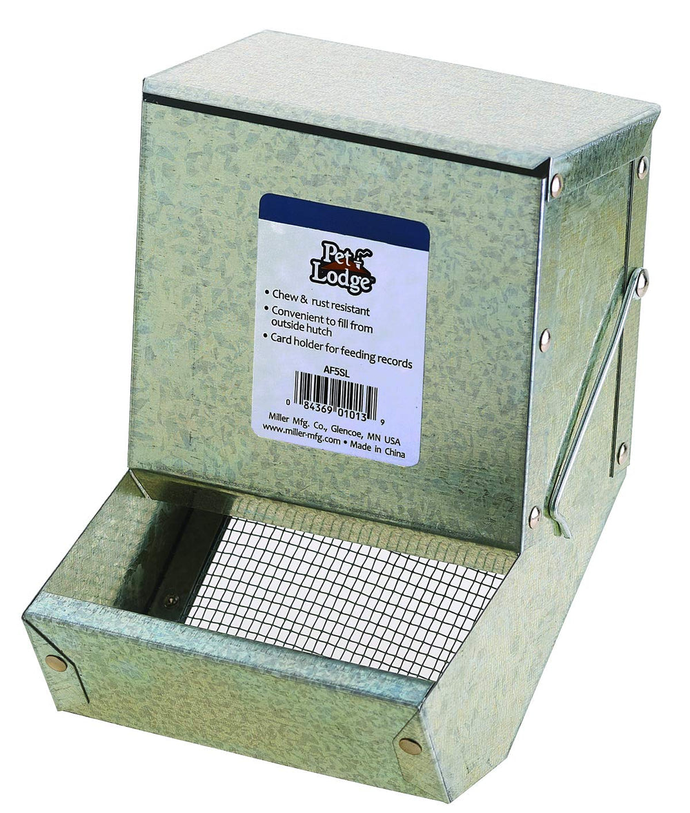 Pet Lodge steel small animal feeder shown from the front with its lid and trough.