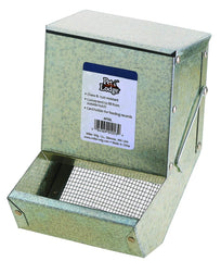 Pet Lodge steel small animal feeder shown from the front with its lid and trough.