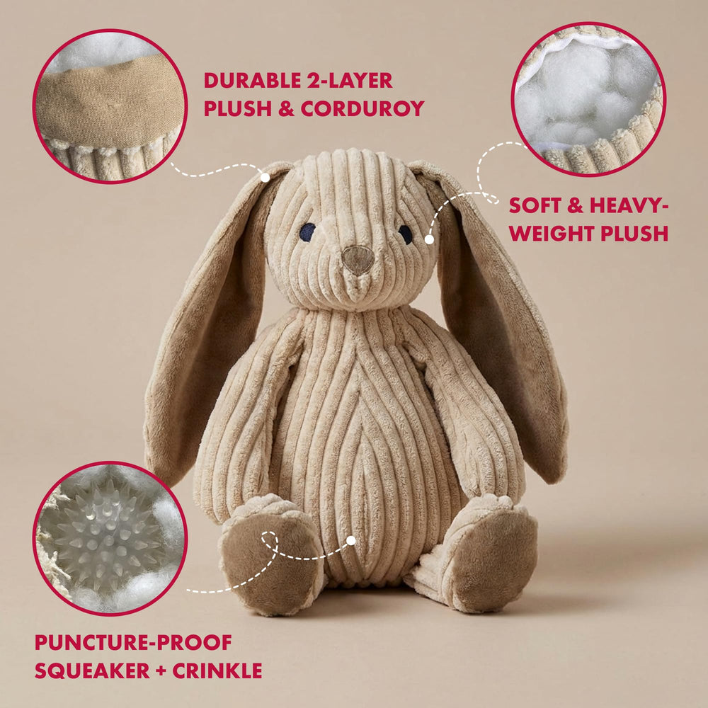 Pet Lou corduroy rabbit dog and cat toy showing its soft corduroy fabric.