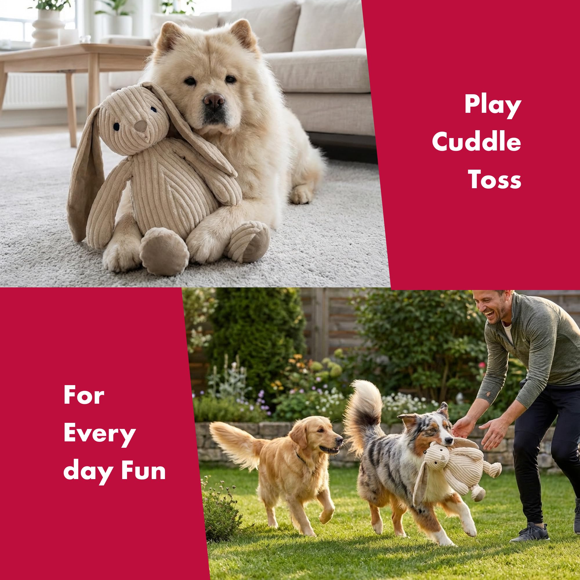 Pet Lou corduroy rabbit dog and cat toy showing its two-layer fabric construction.