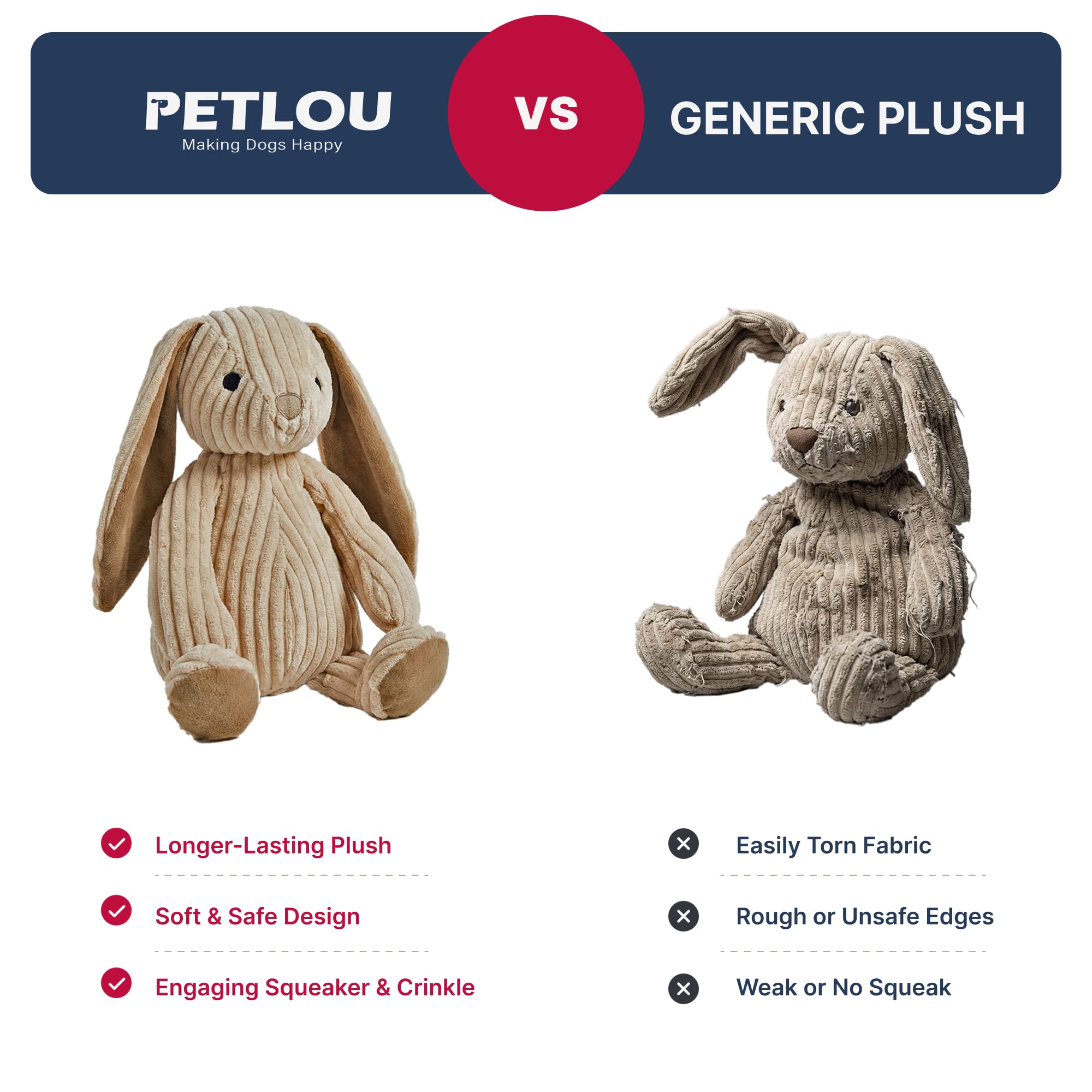 Pet Lou corduroy rabbit dog and cat toy shown from a side angle.