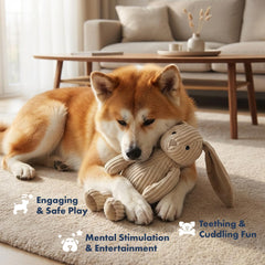 Pet Lou corduroy rabbit dog and cat toy with a close-up of the squeaker feature.