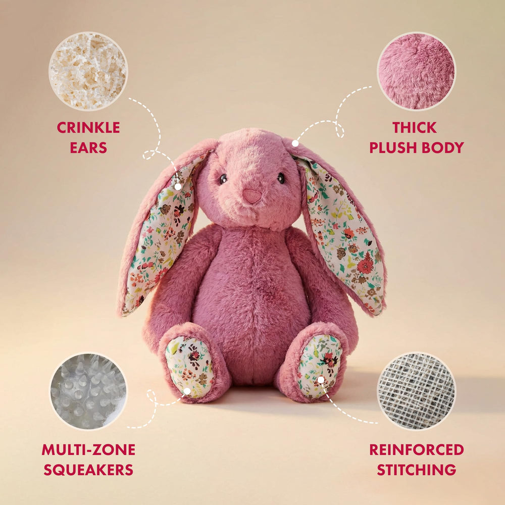 Pet Lou rabbit plush dog toy with crinkle paper in its ears.