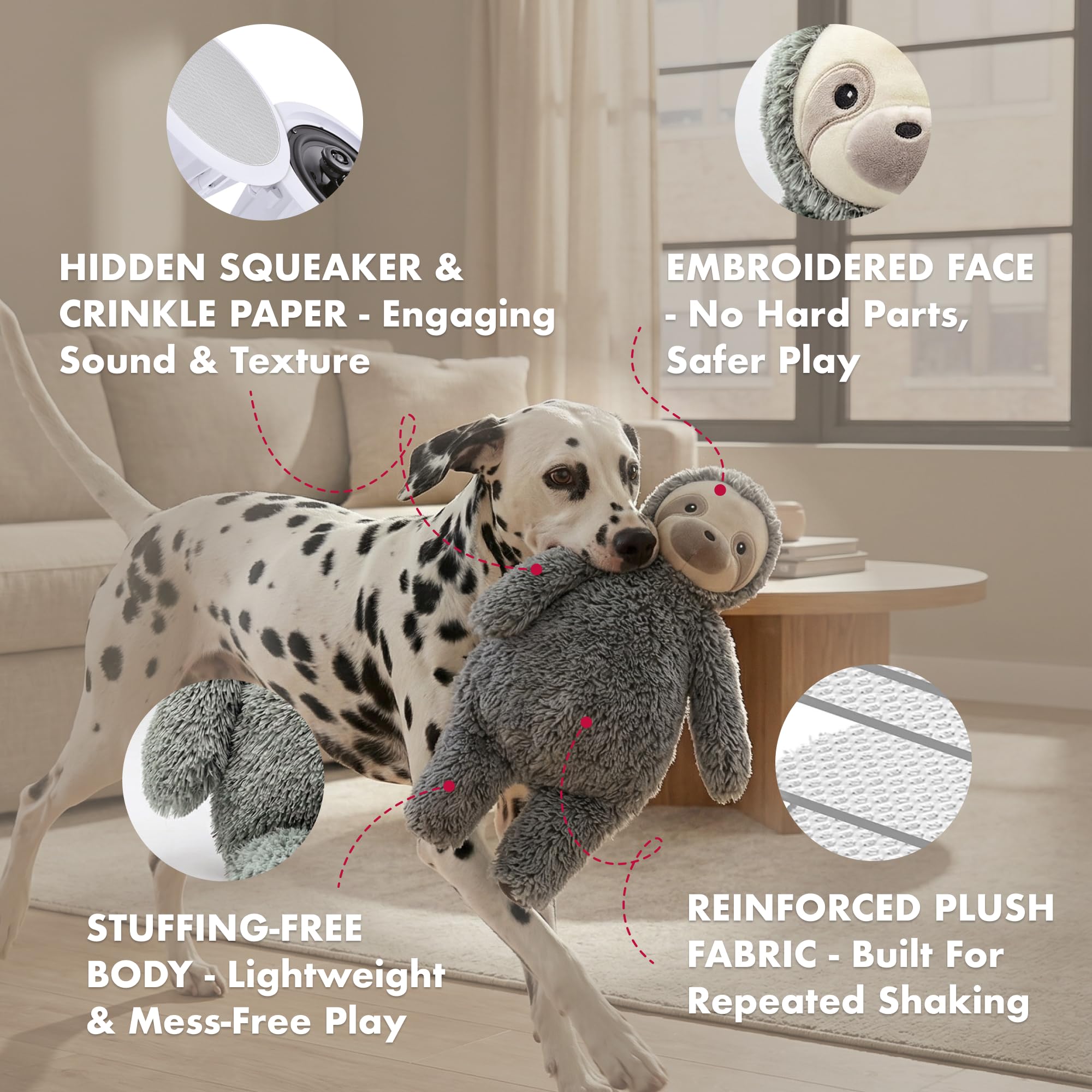 Pet Lou stuffingless floppy sloth dog toy shown from the side to show its floppy shape.