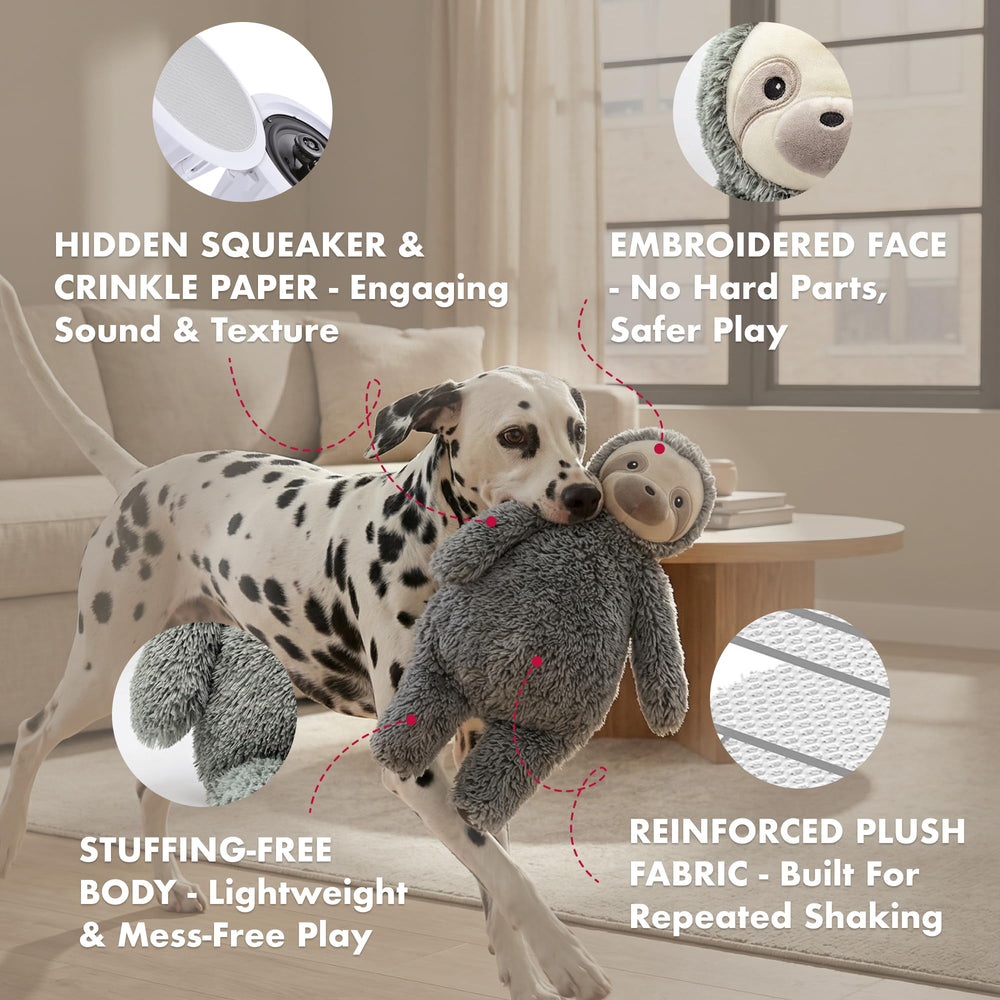 Pet Lou stuffingless floppy sloth dog toy shown from the side to show its floppy shape.