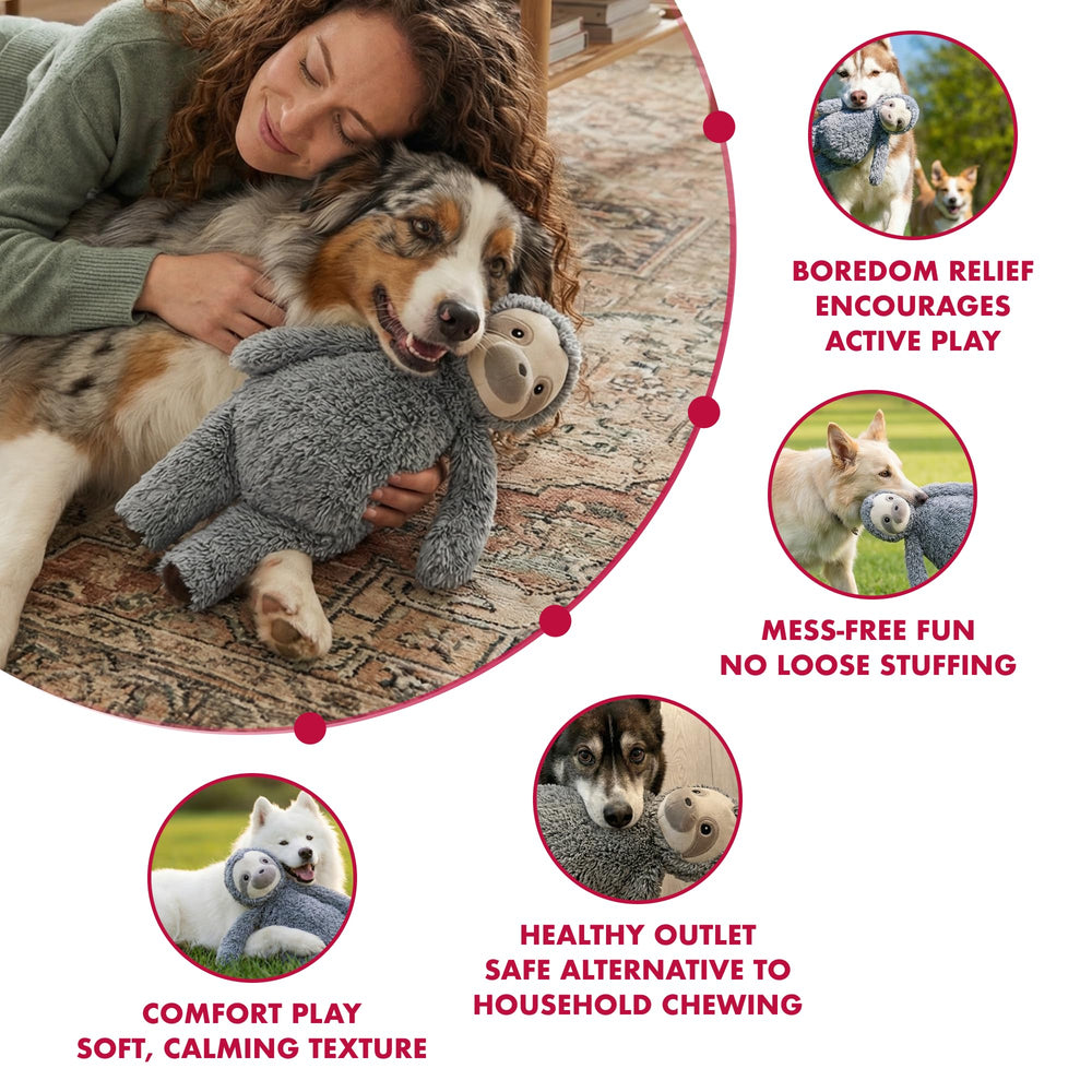 Pet Lou stuffingless floppy sloth dog toy with a close view of its soft plush fabric.
