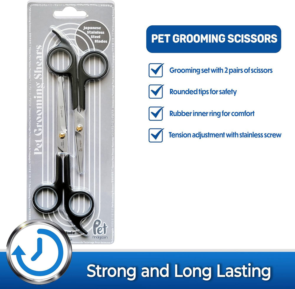 PET MAGASIN grooming scissors showing the cushioned handles and extra finger rest.