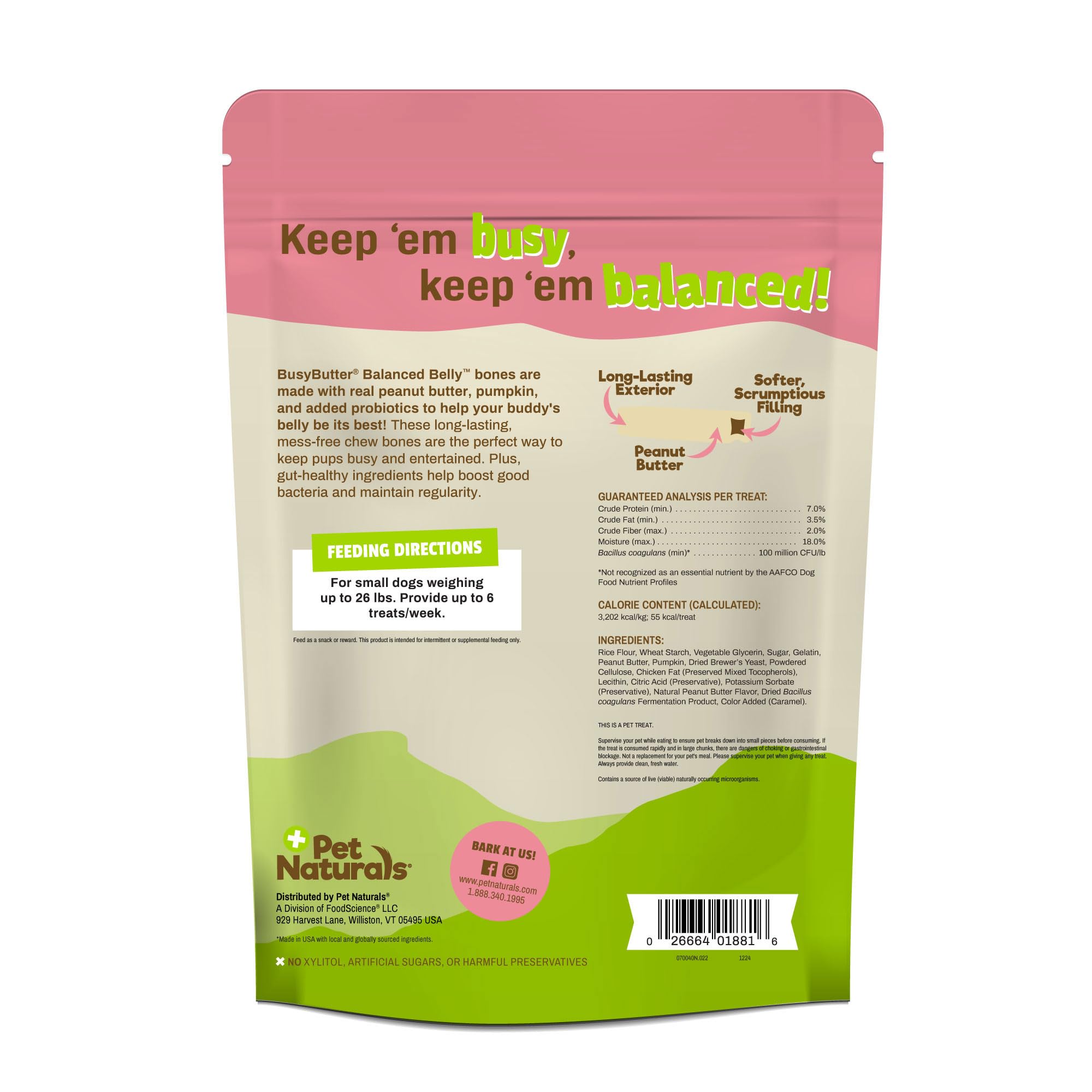 Pet Naturals BusyButter Balanced Belly Dog Bones ingredient details.