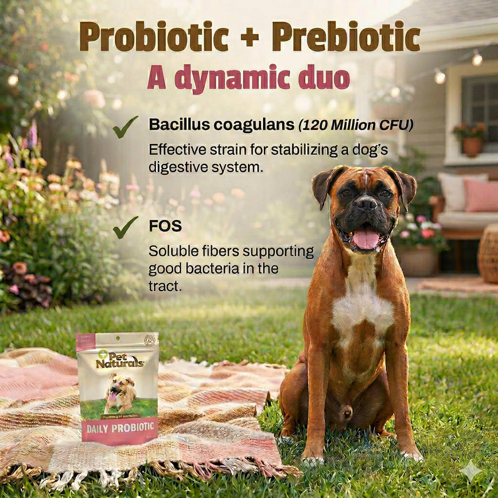 Pet Naturals Daily Probiotic chews shown in a daily-use setting for dogs.