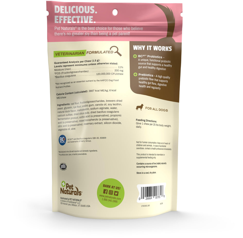 Pet Naturals Daily Probiotic chews shown for a home with multiple dogs.