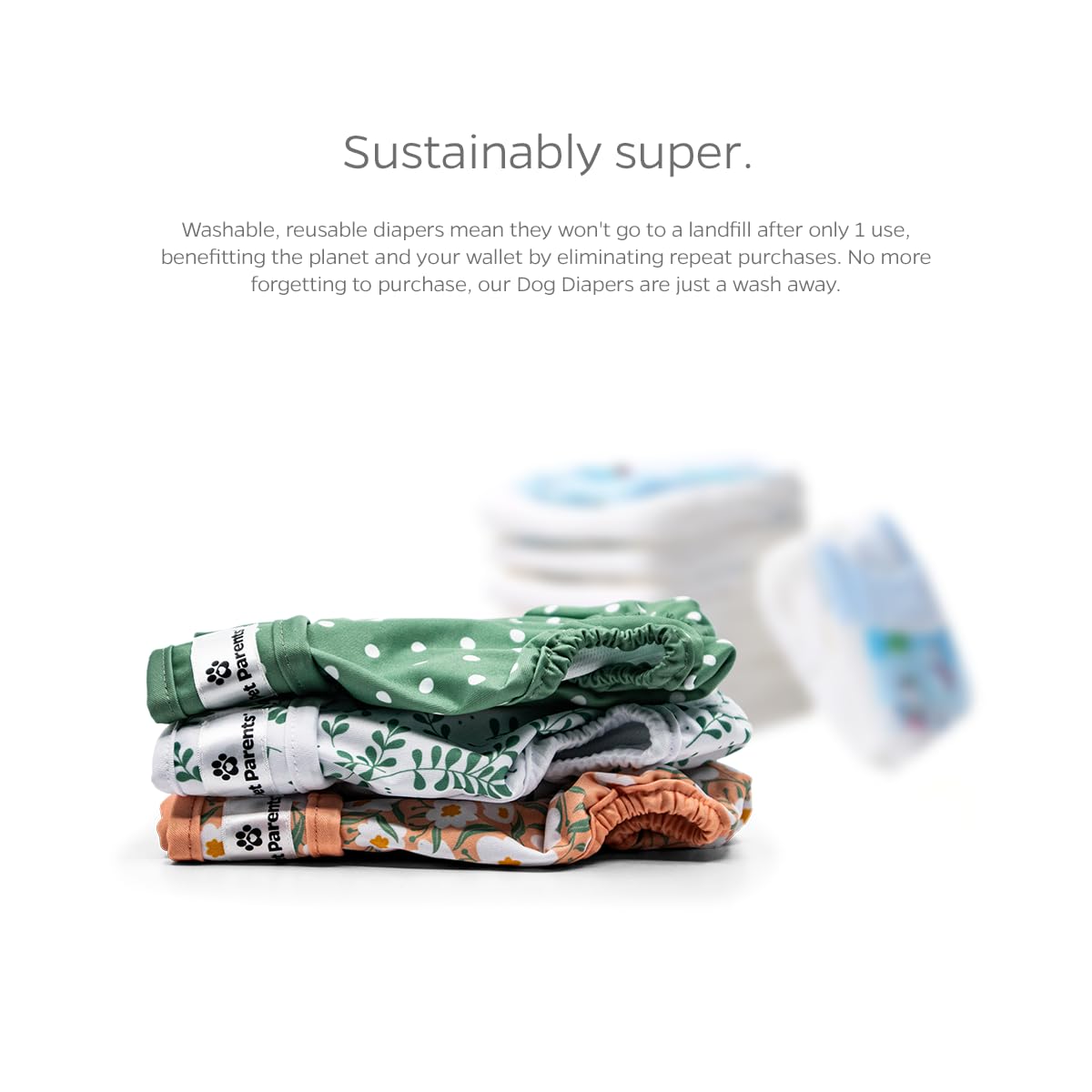Pet Parents dog diaper shown worn on a dog for a fit view.