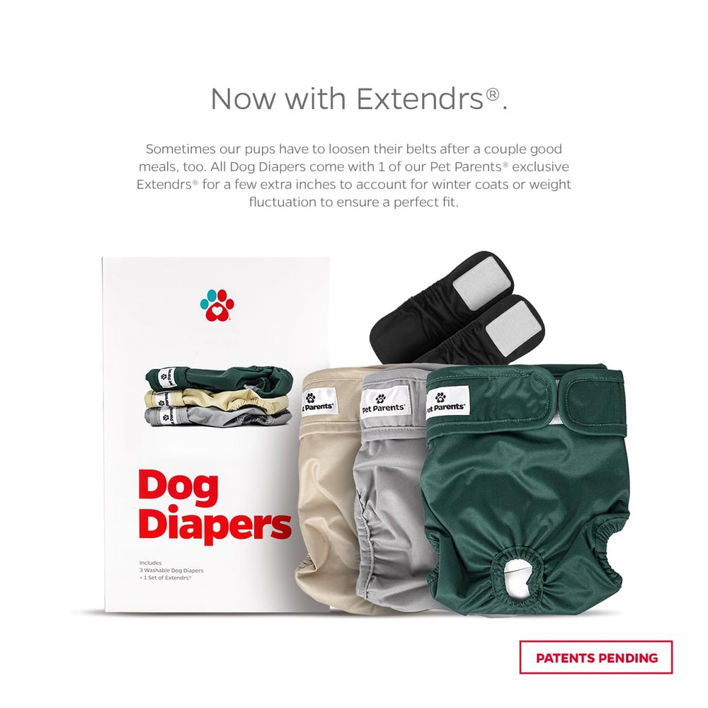 Pet Parents washable dog diapers and packaging shown together.