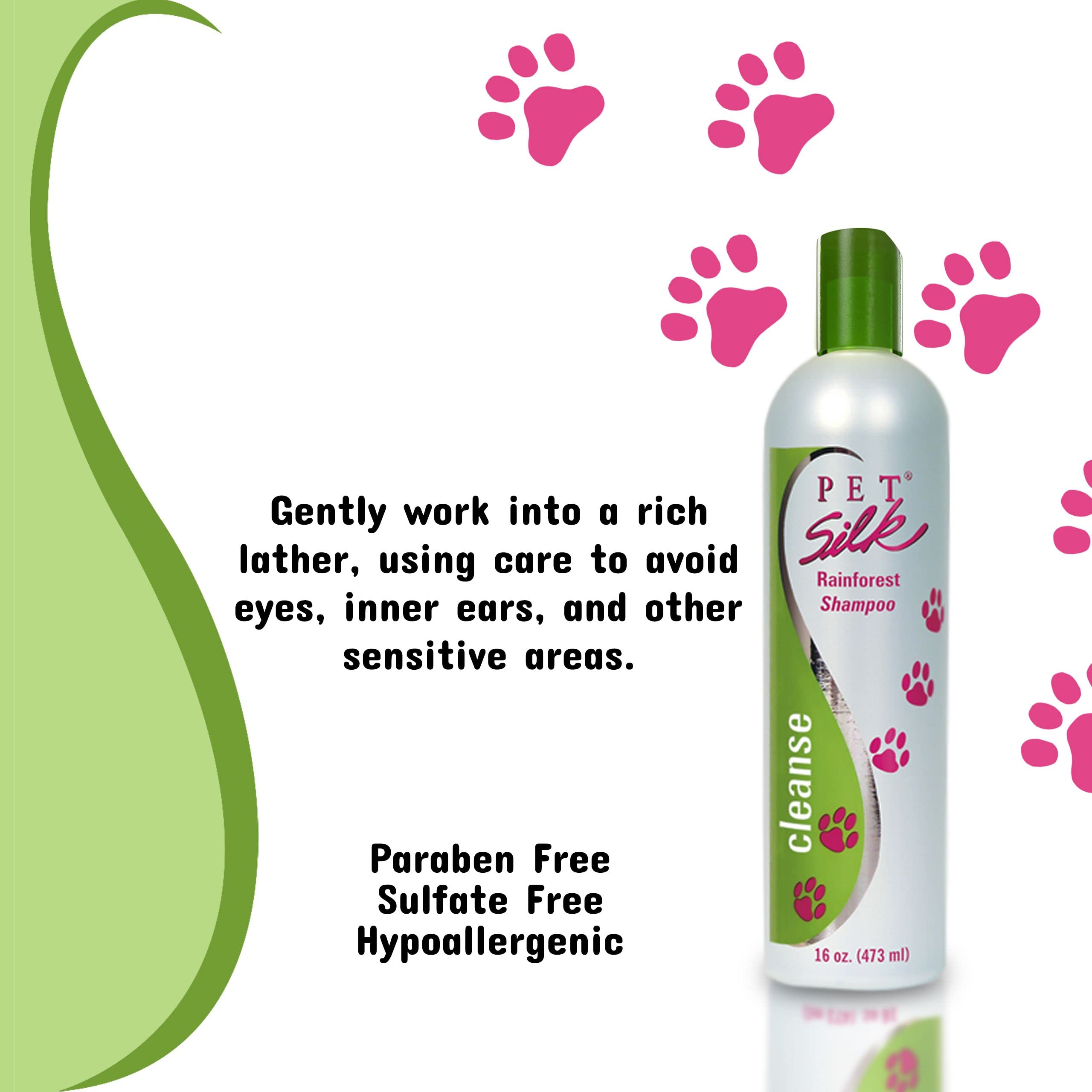 PET SILK Rainforest Clean Shampoo being used to wash a pet's coat.