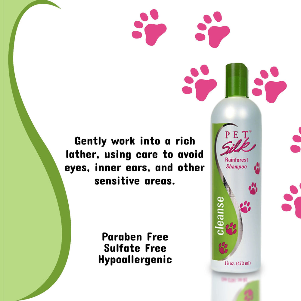 PET SILK Rainforest Clean Shampoo being used to wash a pet's coat.