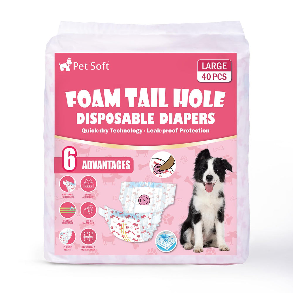 Pet Soft dog diapers shown as a 40-count pack.