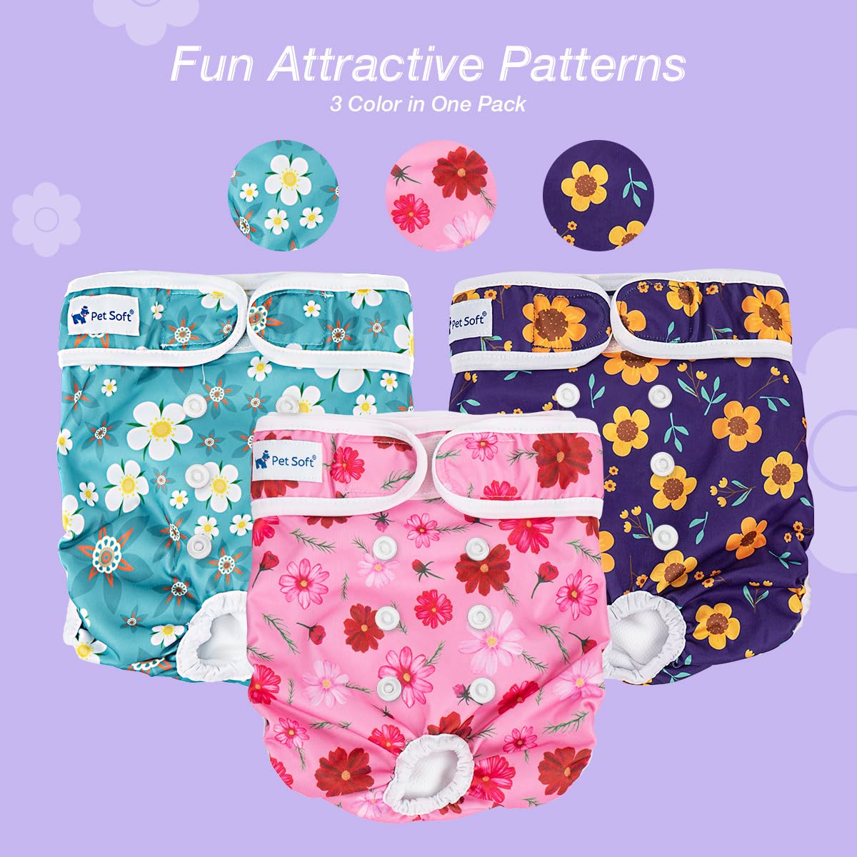 Pet Soft female dog diapers showing the wide fastening tabs.