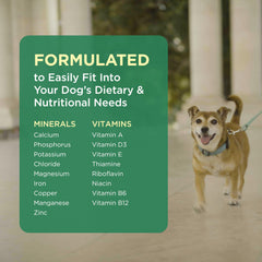 Pet-Tabs dog multivitamin crumbled over food for a mealtime serving.