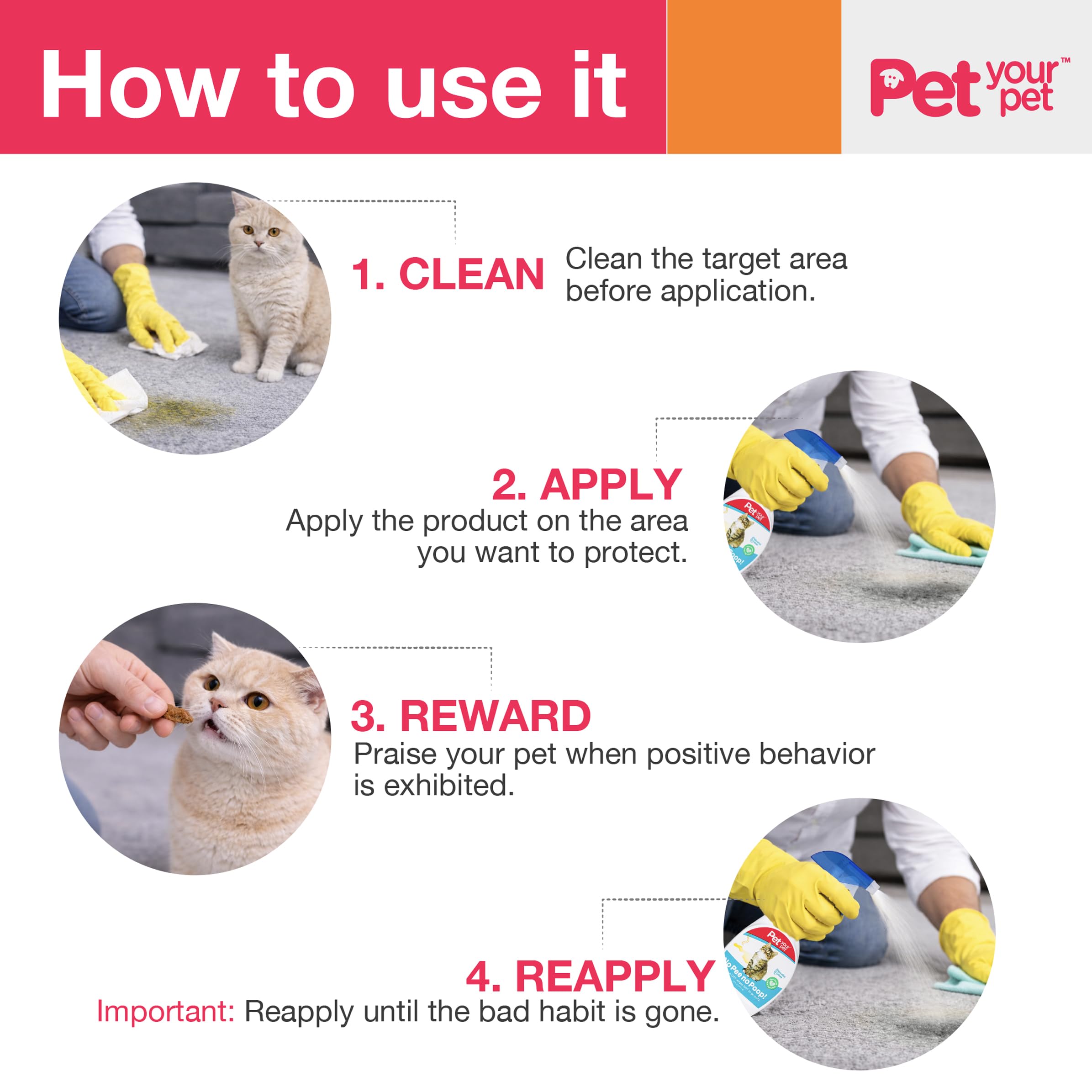 PET YOUR PET cat potty training spray being applied to a problem area.