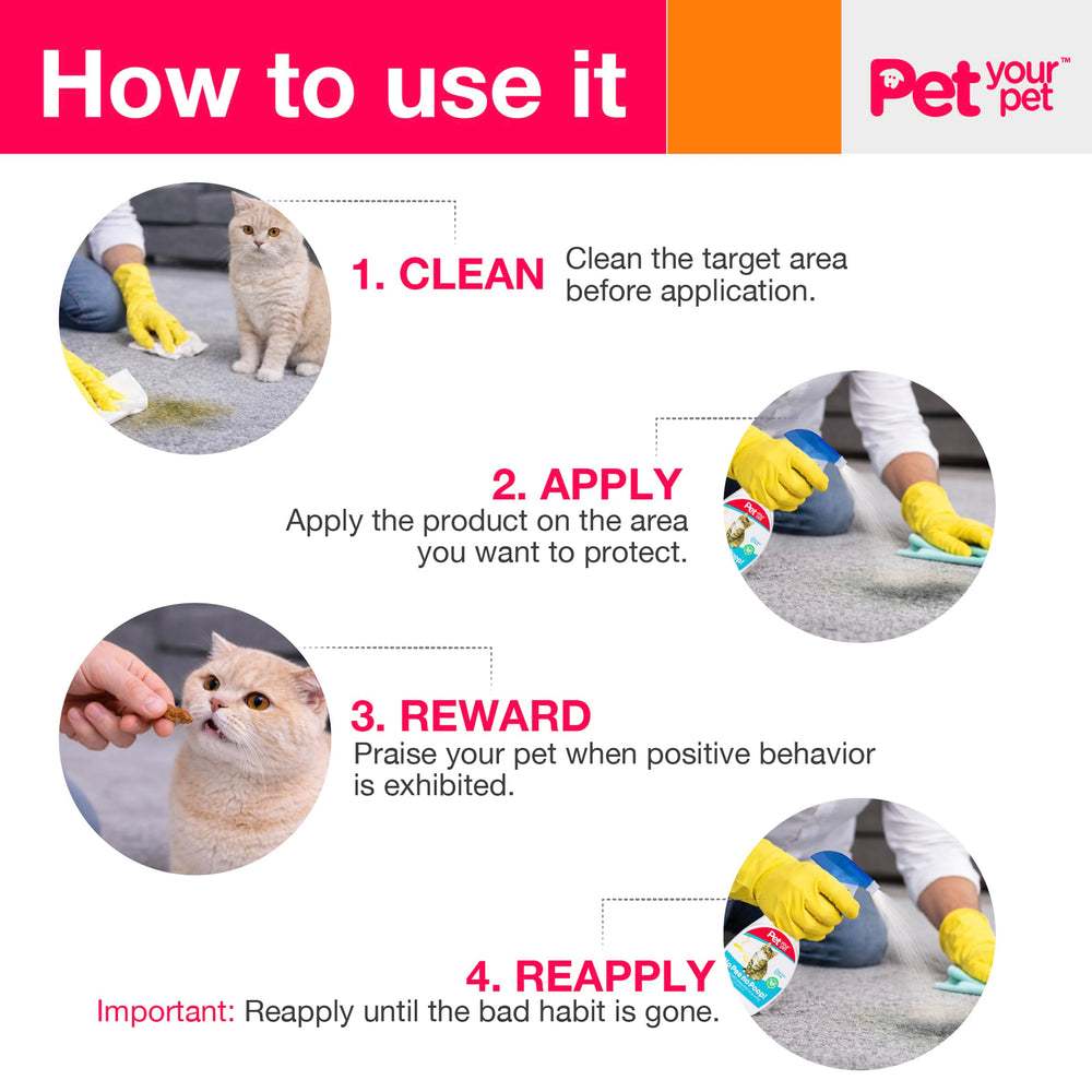 PET YOUR PET cat potty training spray being applied to a problem area.