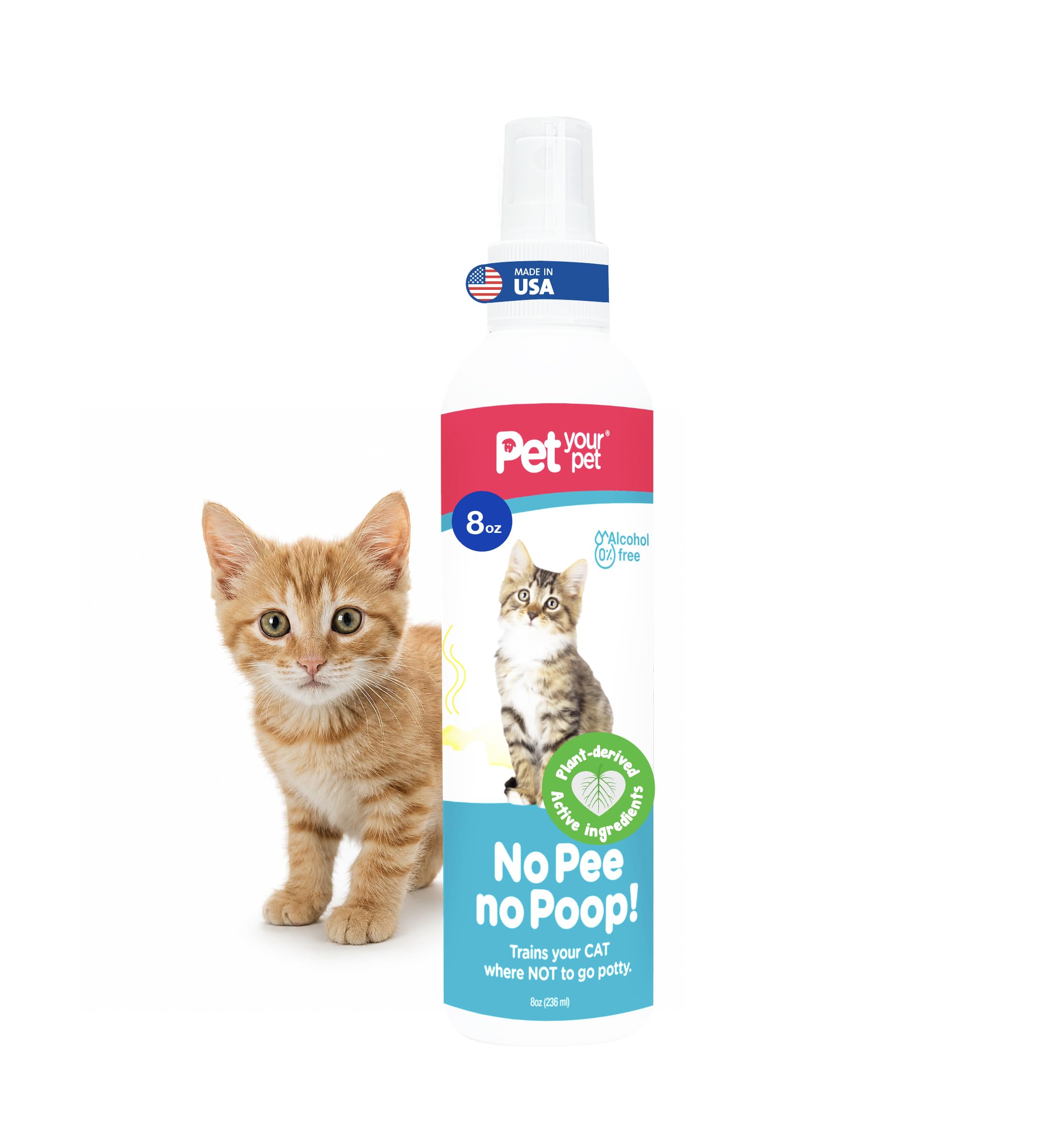 PET YOUR PET cat potty training spray bottle shown from the front.
