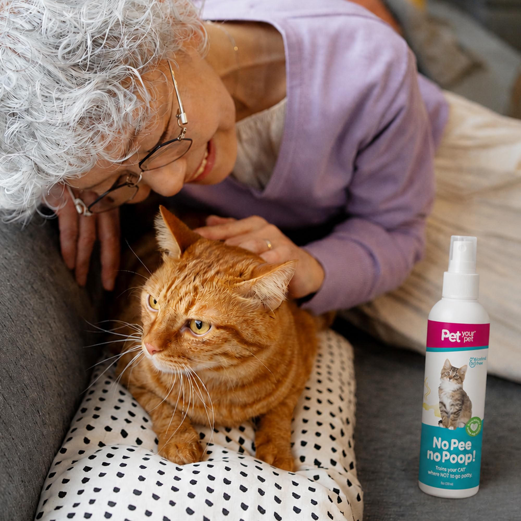 PET YOUR PET cat potty training spray shown for use on hardwood.
