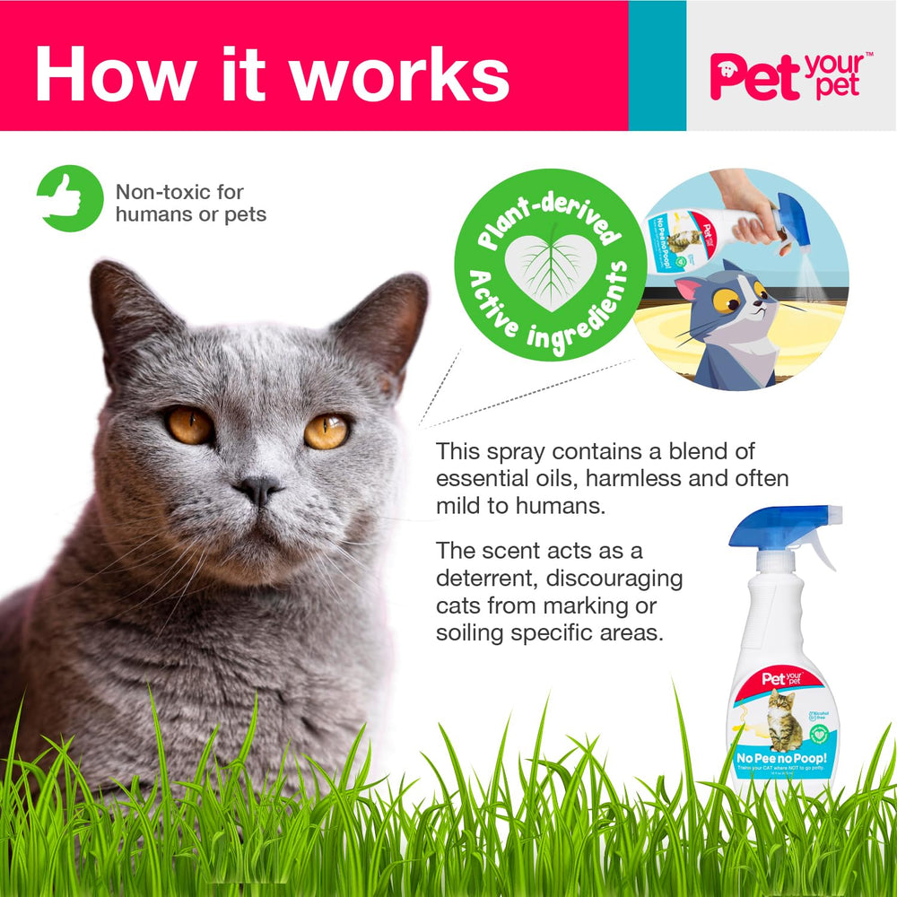 PET YOUR PET Cat Potty Training Spray label and product details.