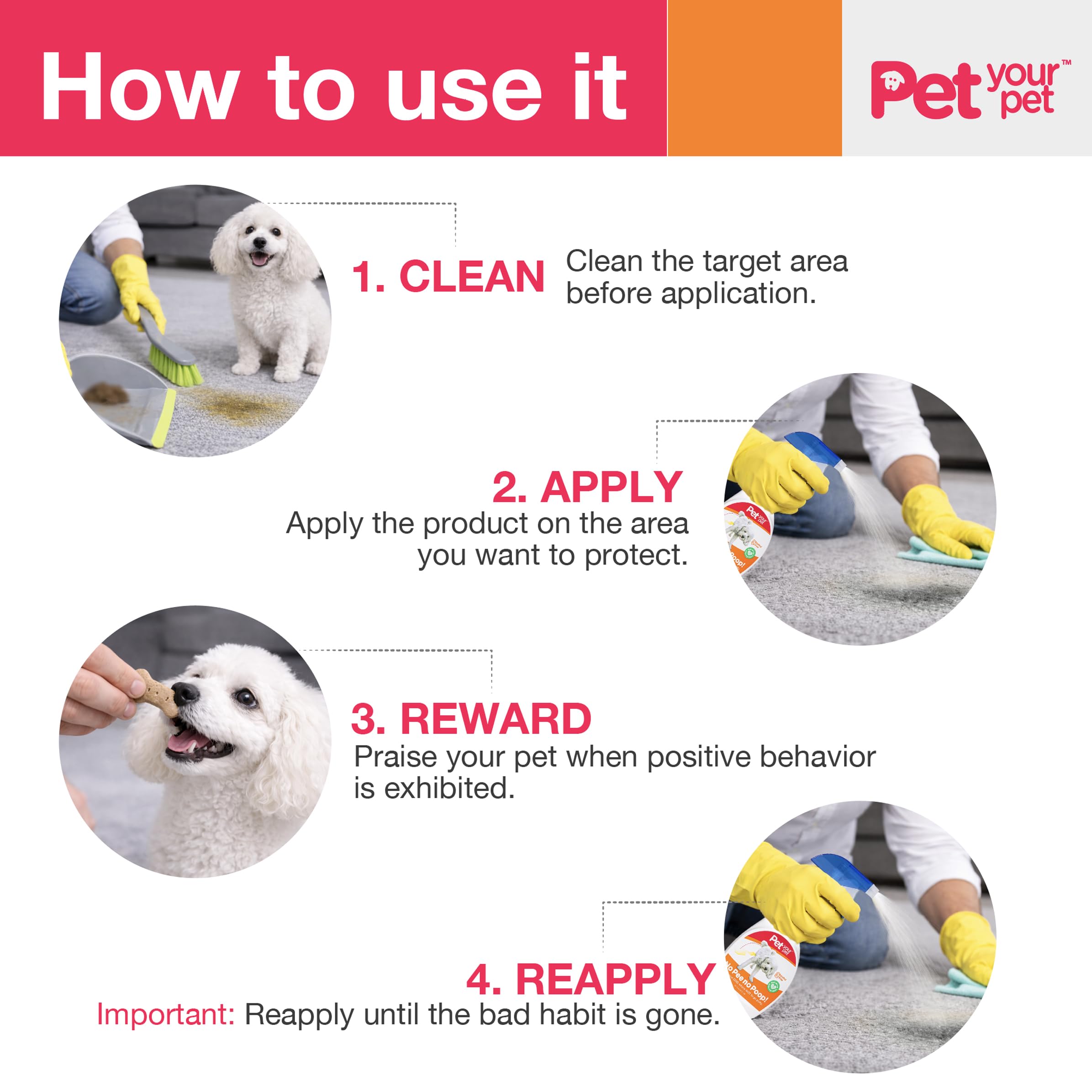 PET YOUR PET Dog Potty Training Spray shown being used on carpet.