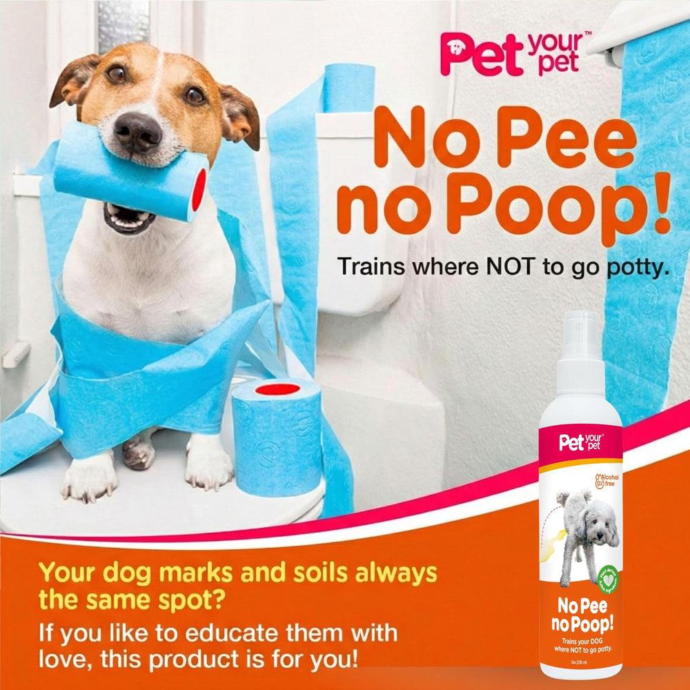 PET YOUR PET Dog Potty Training Spray shown beside a kennel.