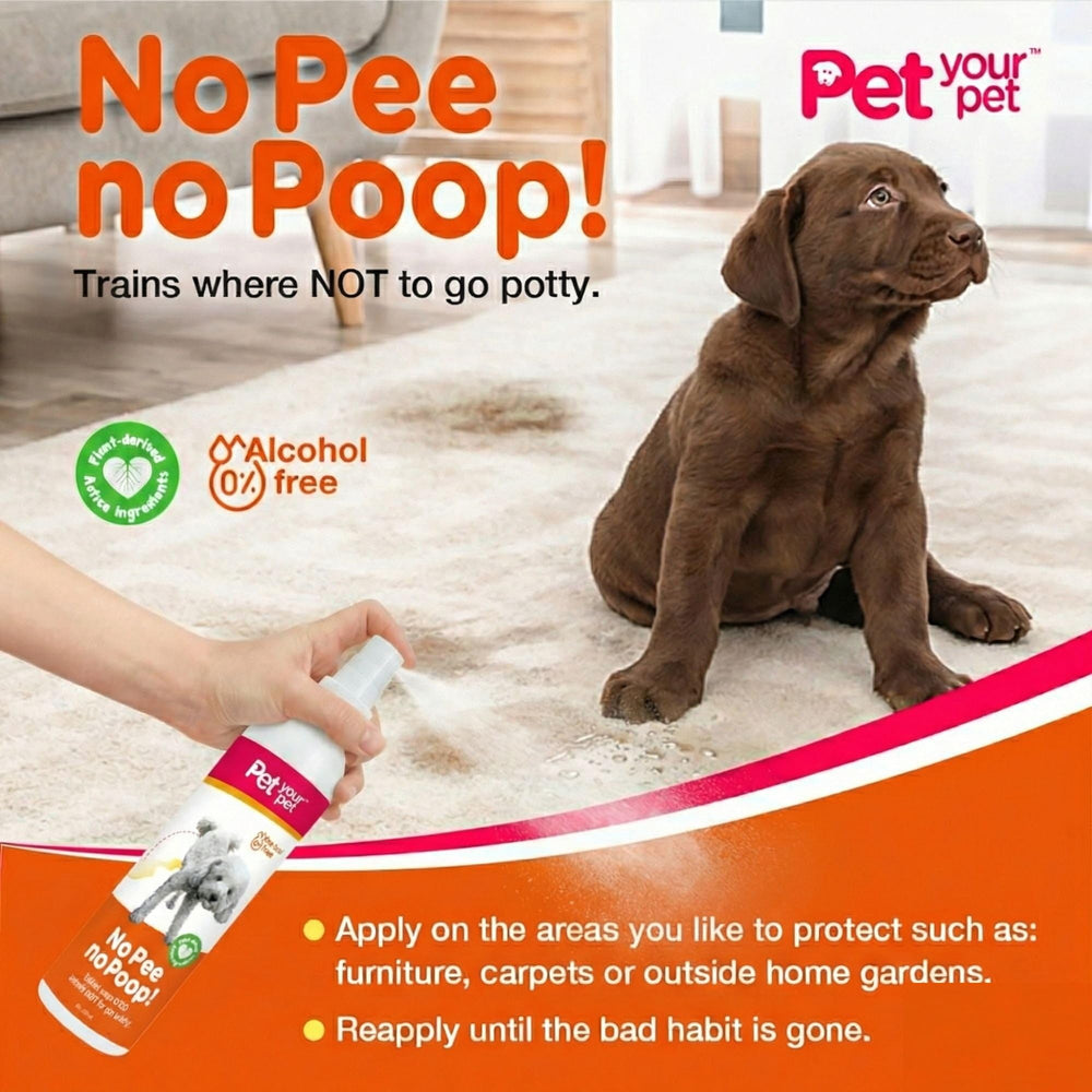 PET YOUR PET Dog Potty Training Spray shown in an outdoor patio setting.