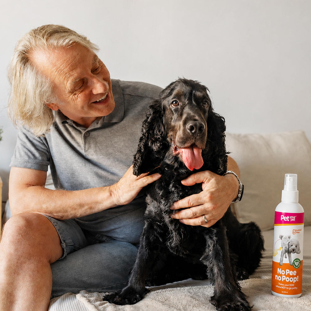 PET YOUR PET Dog Potty Training Spray shown being used on upholstery.
