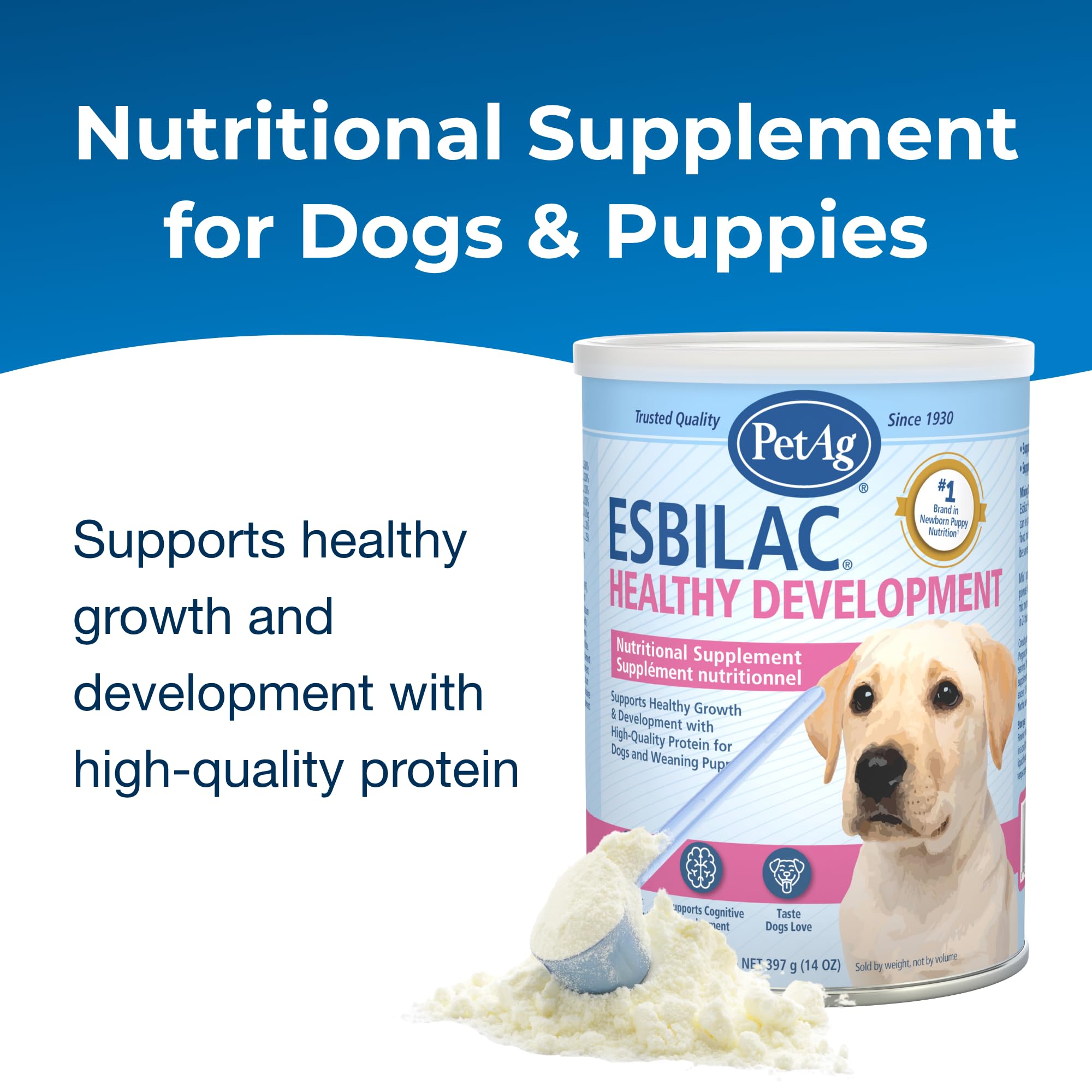 PetAg Esbilac Healthy Development powder shown in a product detail view.