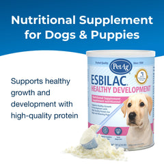 PetAg Esbilac Healthy Development powder shown in a product detail view.