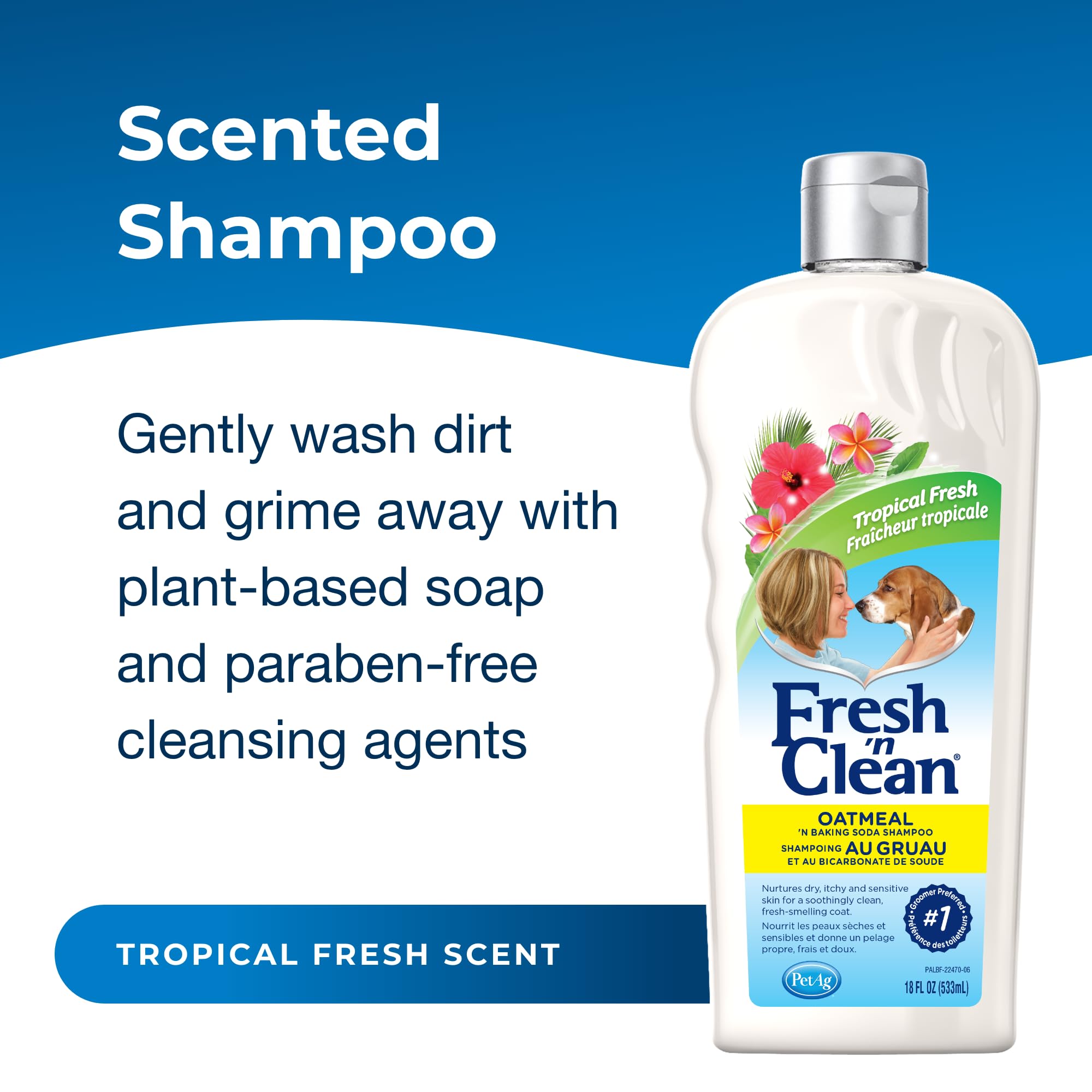 PetAg Fresh ’n Clean Oatmeal ’n Baking Soda Shampoo bottle showing its formula details.