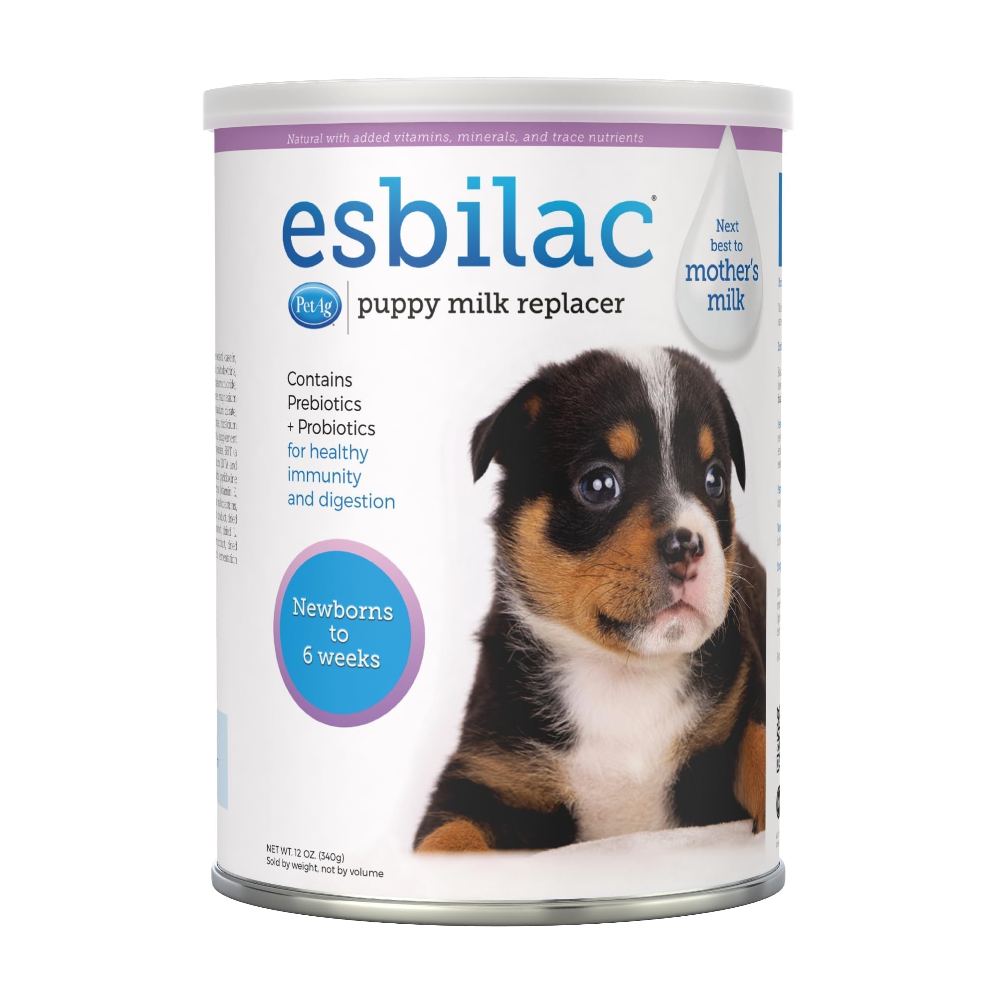PetAg puppy milk replacer shown with its powder-to-water mixing directions.